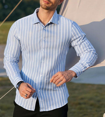HOTAlex Vando Mens Linen Shirts Long Sleeve Button Down Striped Beach Shirt | Breathable Skin-Friendly Anti-Shrink Fabric, Classic Stripes For Casual Style, All-Day Comfort, Easy Care