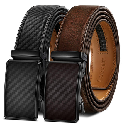HOTKEMISANT Men's Ratchet Leather Belt 2Pack-Trimmable 1 3/8“-Gift Boxed | Smooth Sliding | Micro Adjustable Fit | Tailored Size | Holeless Understated Elegance