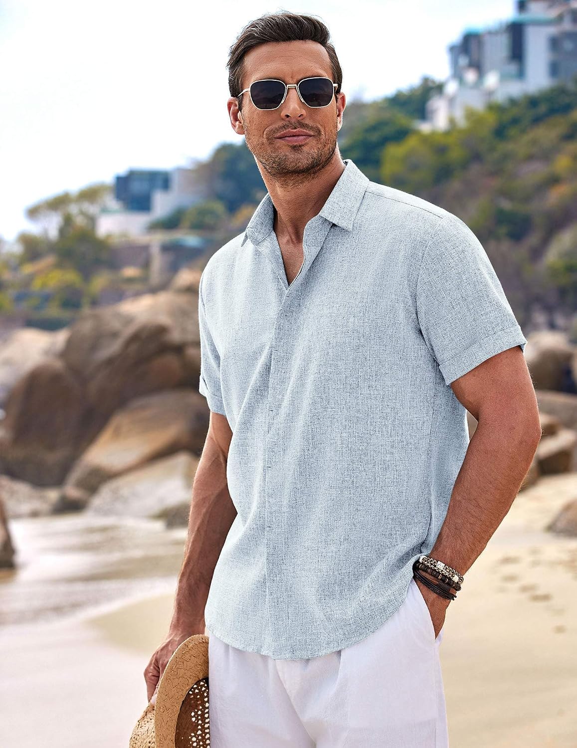 HOTCOOFANDY Men's Linen Shirts Short Sleeve Casual Shirts Button Down Shirt for Men Beach Summer Wedding Shirt