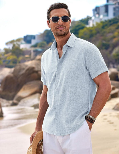 HOTCOOFANDY Men's Linen Shirts Short Sleeve Casual Shirts Button Down Shirt for Men Beach Summer Wedding Shirt