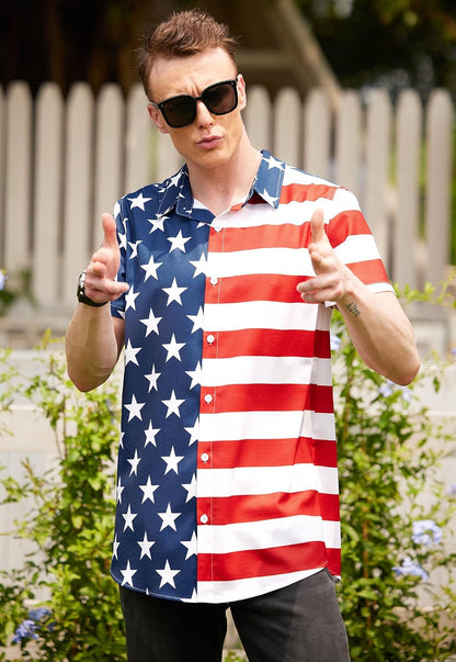 HOTArvilhill Men American Flag Button Shirt 4th of July Short Sleeve Shirts (S-3XL)