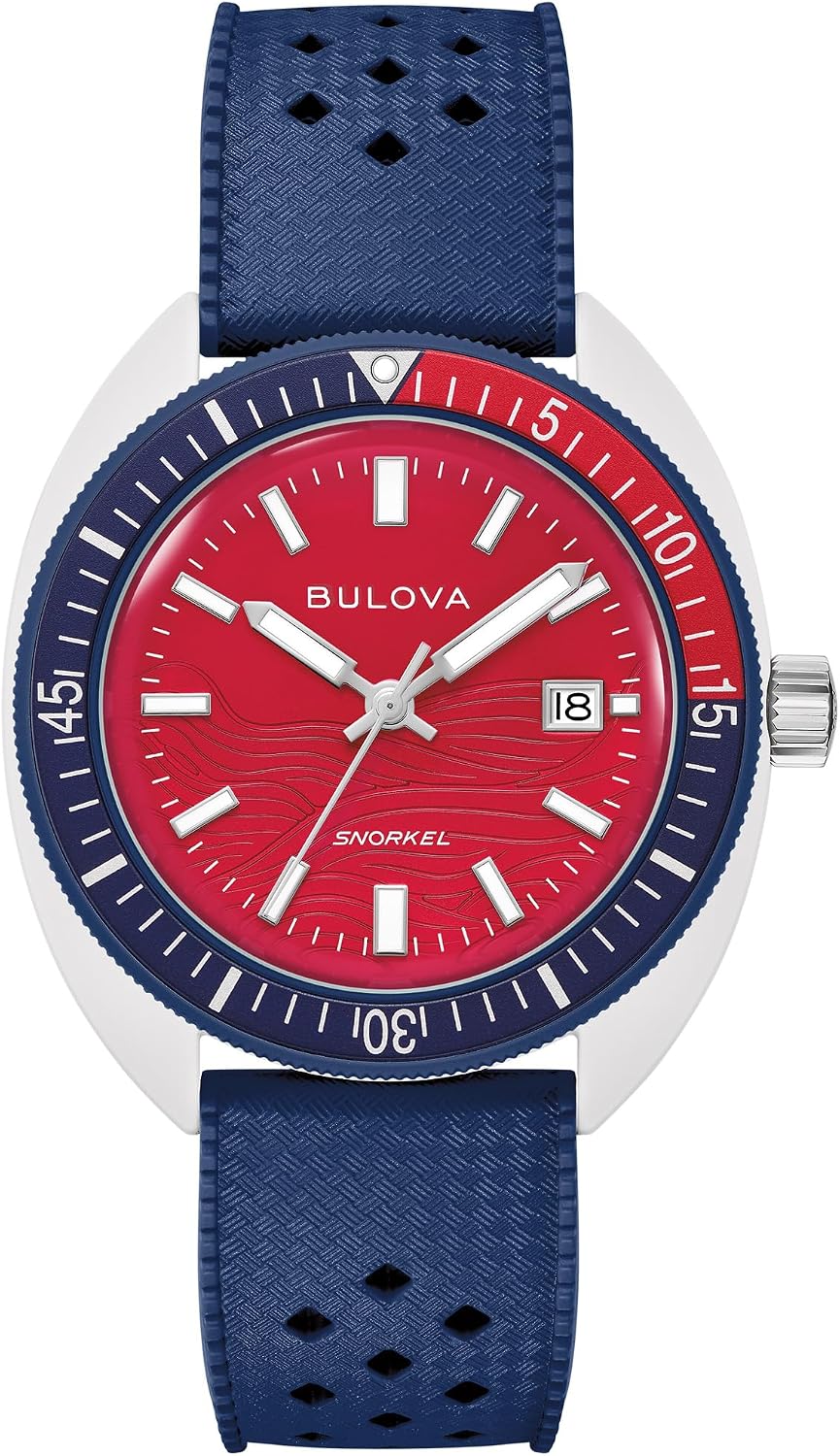 HOTBulova Men's Snorkel - America's 250th Sail 4th Special Edition: 41mm White Hybrid-Ceramic Case with a Blue Rubber Strap & Red Dial (Style: 98B474)