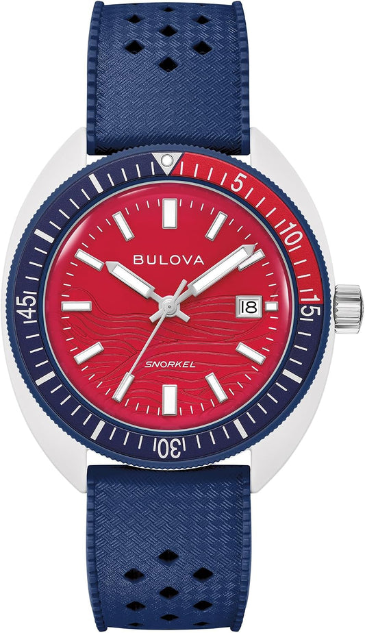 HOTBulova Men's Snorkel - America's 250th Sail 4th Special Edition: 41mm White Hybrid-Ceramic Case with a Blue Rubber Strap & Red Dial (Style: 98B474)