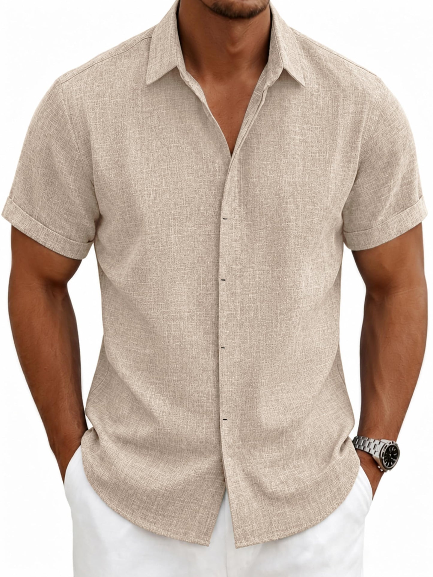 HOTMens Linen Shirts Short Sleeve Casual Shirt Button Down Summer Beach Vacation Tops Men Casual Dress Shirts Breathable