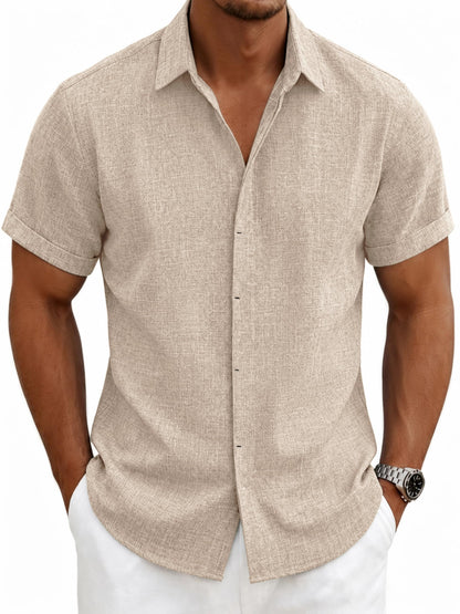 HOTMens Linen Shirts Short Sleeve Casual Shirt Button Down Summer Beach Vacation Tops Men Casual Dress Shirts Breathable