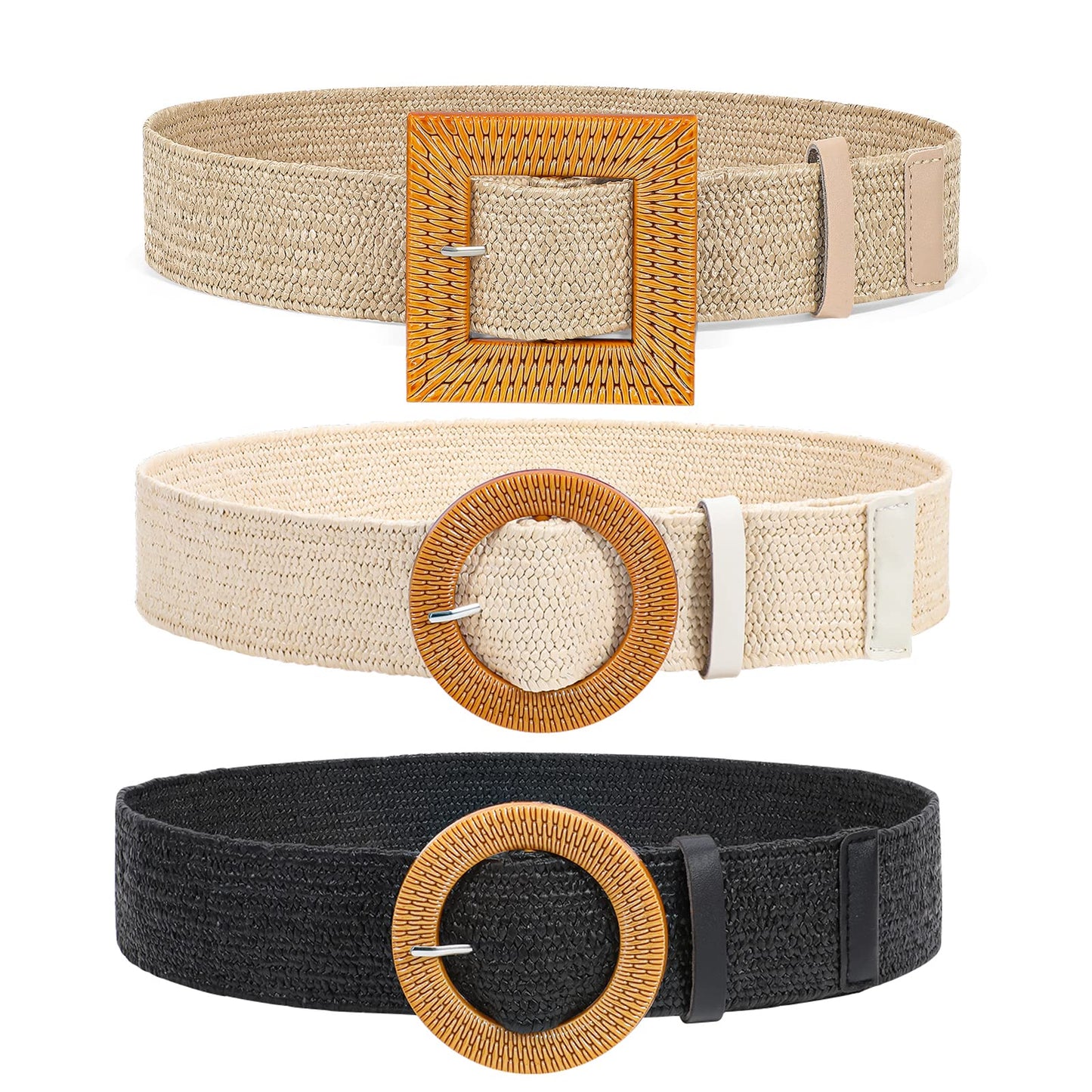 HOTVONMELLI 4 Pack Straw Woven Elastic Stretch Waist Belt for Women Fashion Dress, Boho Braided Women's Belts