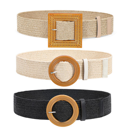 HOTVONMELLI 4 Pack Straw Woven Elastic Stretch Waist Belt for Women Fashion Dress, Boho Braided Women's Belts