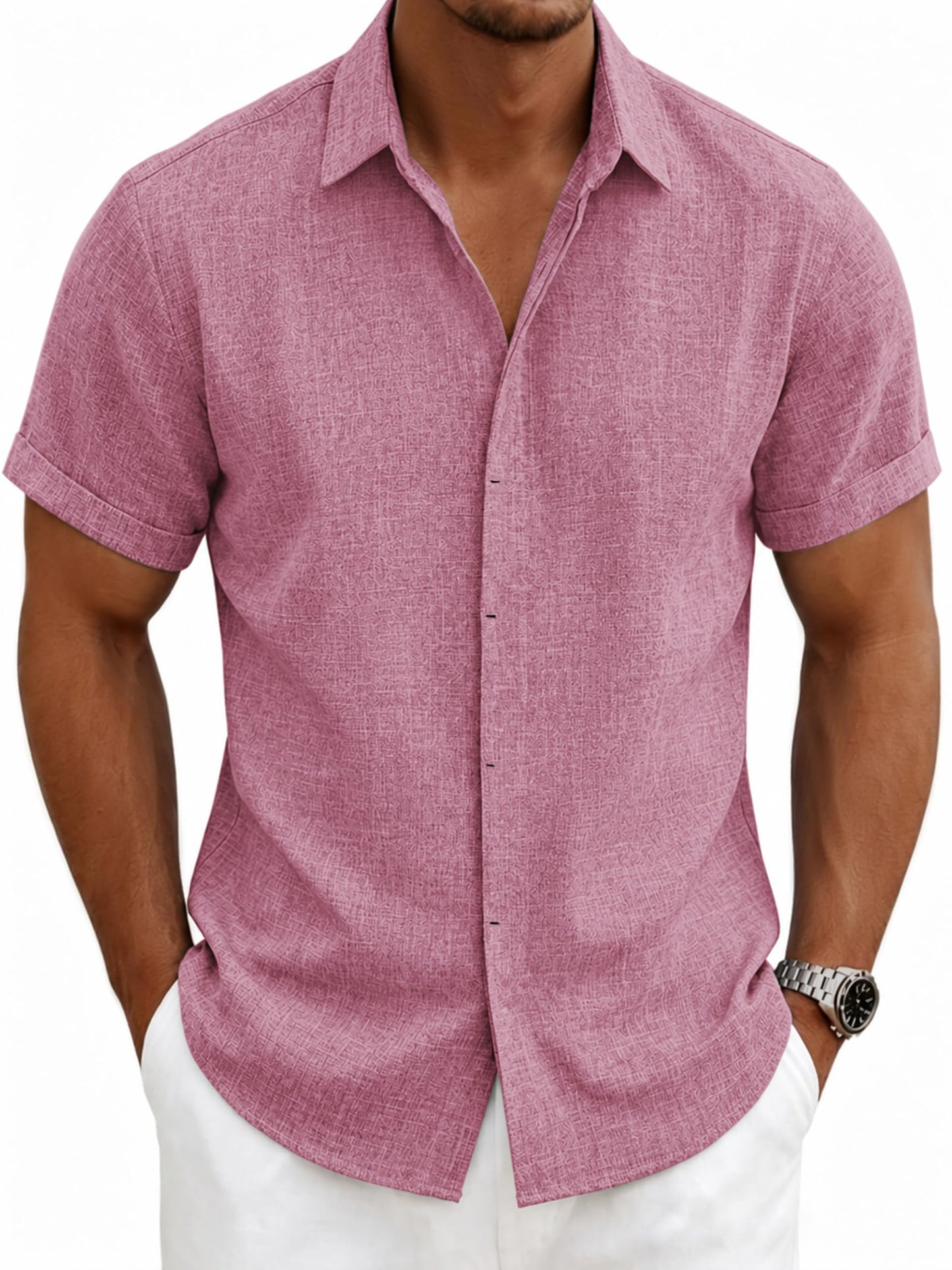 HOTMens Linen Shirts Short Sleeve Casual Shirt Button Down Summer Beach Vacation Tops Men Casual Dress Shirts Breathable