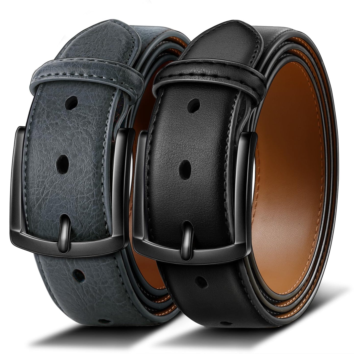 HOTBULLIANT 2-Pack Leather Belt for Men 1 3/8"-7 Eyelets-Gift Boxed | 7 Grommets Adjustable Range | Versatile for Golf Dress Casual Jeans