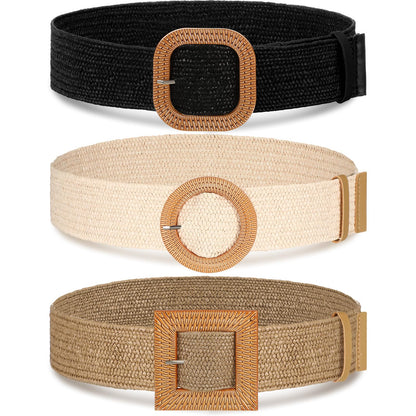 HOTSyhood 3 Pieces Straw Woven Elastic Waist Belt for Women Bohemian Dress Braided Belt