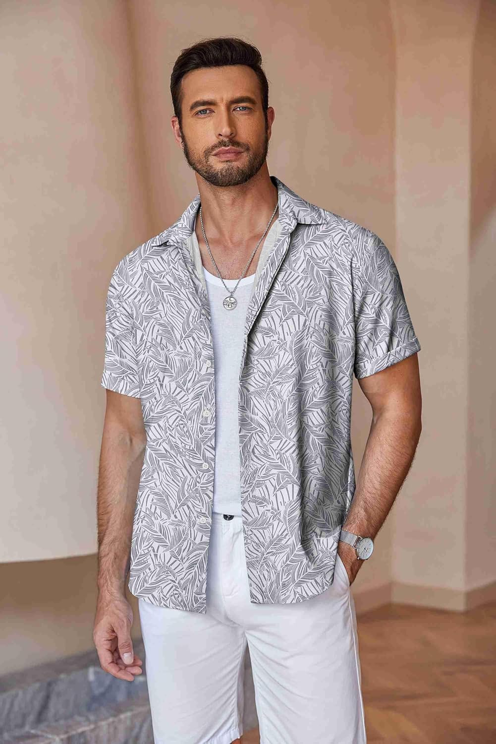 HOTCOOFANDY Men's Linen Shirts Short Sleeve Casual Shirts Button Down Shirt for Men Beach Summer Wedding Shirt