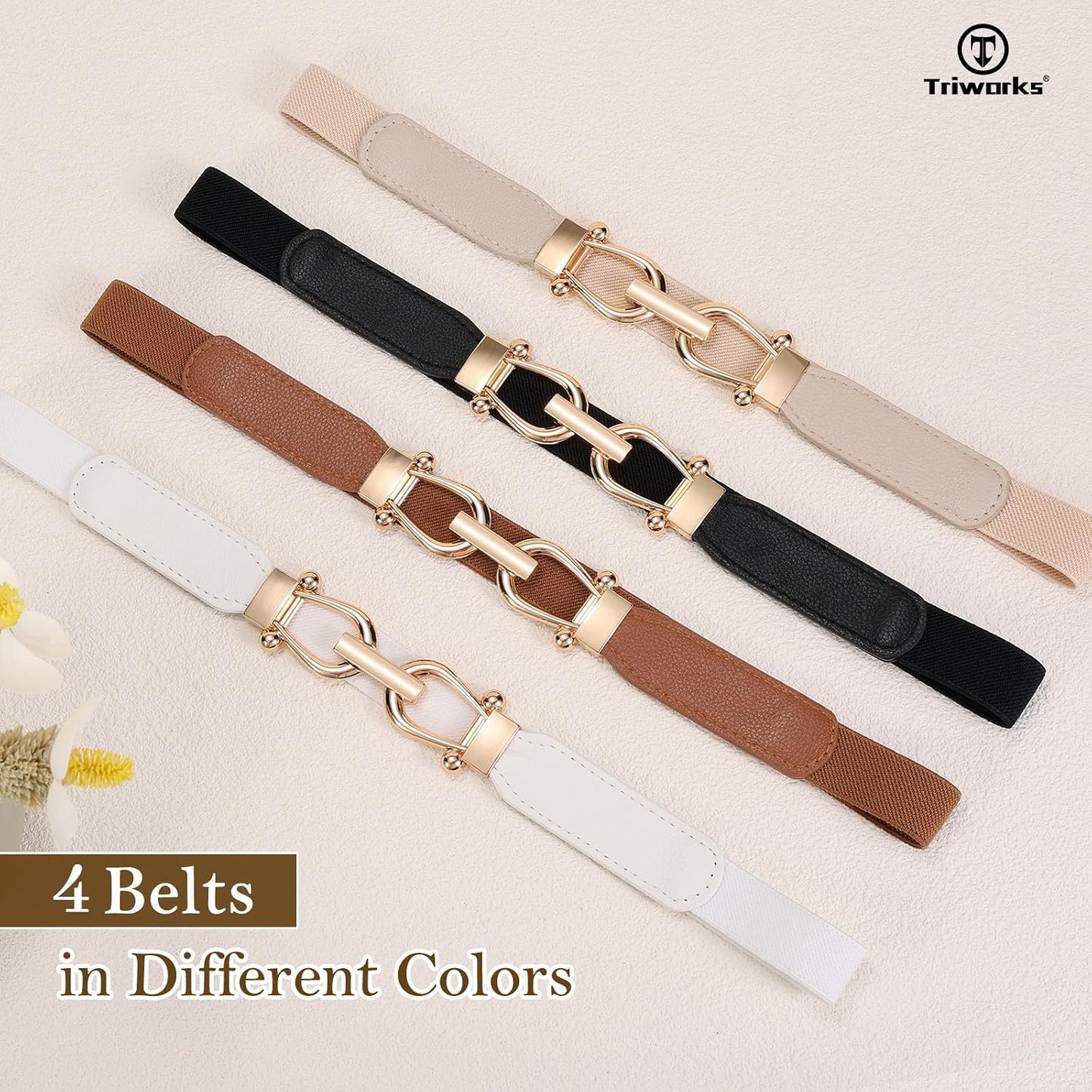 HOTTRIWORKS 4 Pack Women Skinny Elastic Belts Gold Buckle Thin Stretchy Waist Belts for Dresses