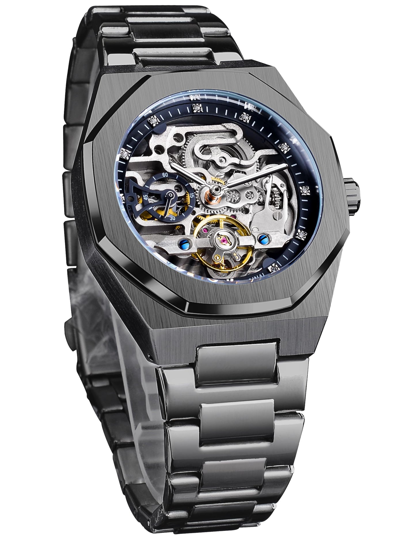 HOTFORSINING Vintage Watch for Men Engraved Automatic Self-Wind Mechanical Big Dial Luminous Moon Phase Golden Hollow Tattoo Pattern Wrist Watches, Mechanical