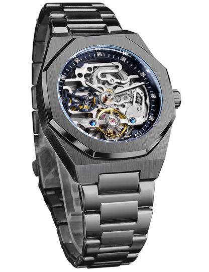 HOTFORSINING Vintage Watch for Men Engraved Automatic Self-Wind Mechanical Big Dial Luminous Moon Phase Golden Hollow Tattoo Pattern Wrist Watches, Mechanical