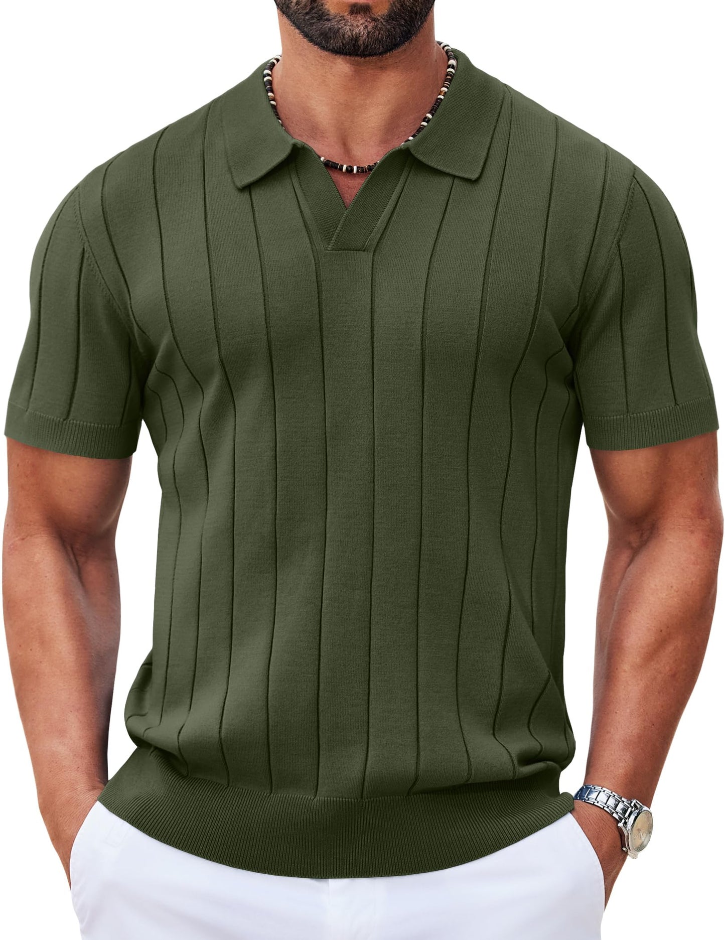 HOTCOOFANDY Mens Polo Shirts Short Sleeve V Neck Knit Shirts for Men Casual Old Money Clothes Mens Golf Shirt
