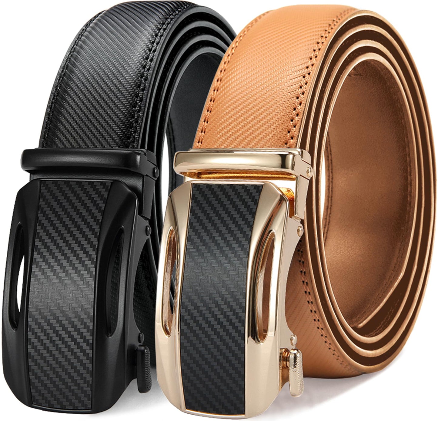 HOTDOOPAI Men's Leather Ratchet Belts 2 Pack Adjustable Click Belt Set for Dress & Casual, Custom Fit 1 3/8" (35mm) -Trim to Fit