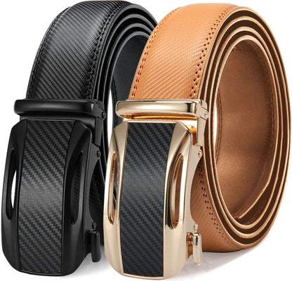 HOTDOOPAI Men's Leather Ratchet Belts 2 Pack Adjustable Click Belt Set for Dress & Casual, Custom Fit 1 3/8" (35mm) -Trim to Fit