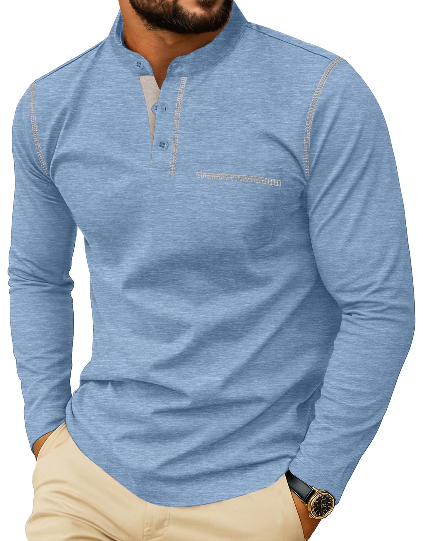HOTSailwind Men's Henley Shirts Long Sleeve Button T-Shirt Casual Stylish Cotton Pullover Shirt with Pocket