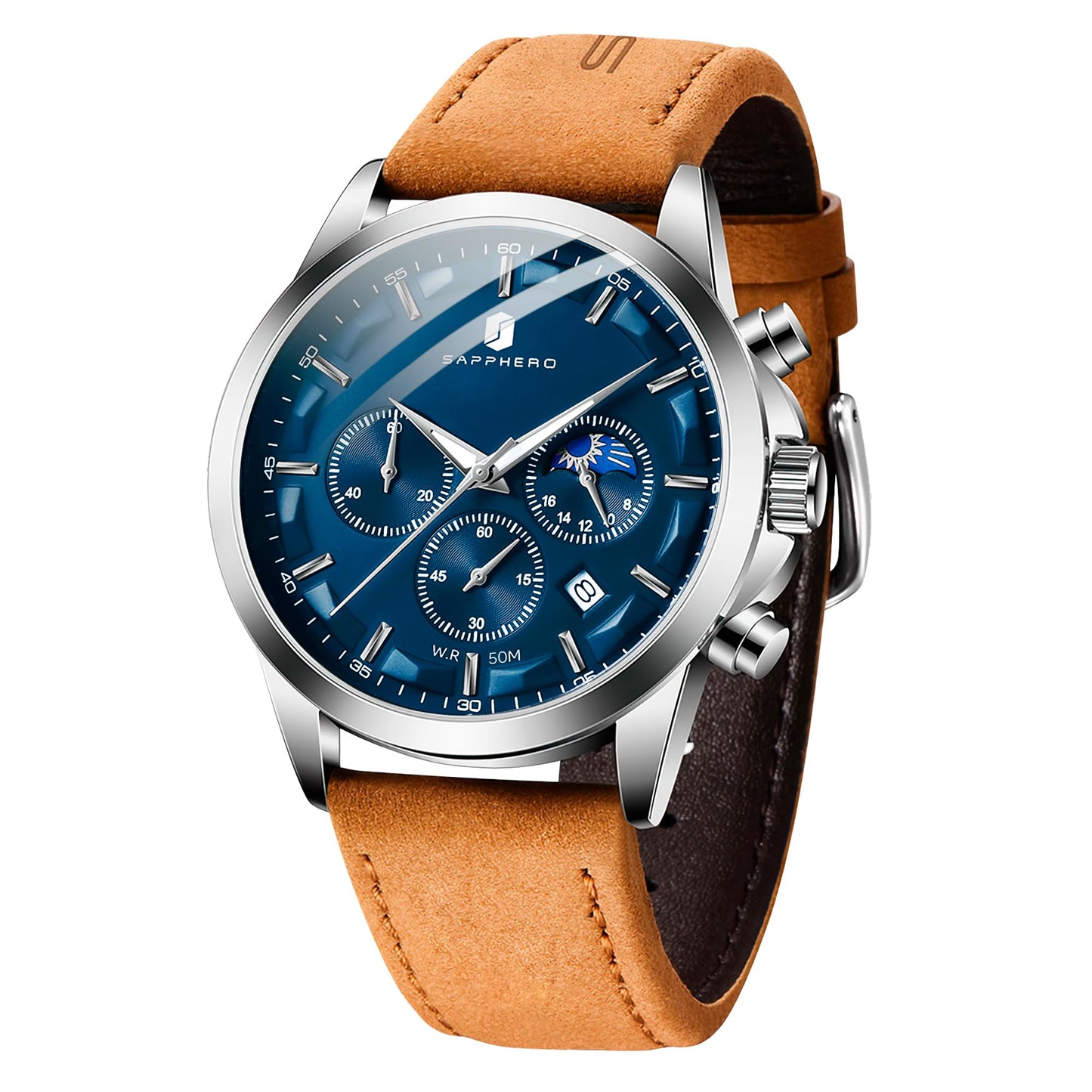HOTSAPPHERO Men's Watches Stainless Steel Chronograph Waterproof Quartz-Business Casual Dress Watch for Men Luminous Date Gold/Silver/Black Design-Easy-to-Read Luxury Dial-Leather Unique Elegant Gift