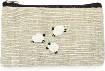 HOTEmbroidered sheep coin purse Small lamb wallet Linen zippered pouch for women Change wallet