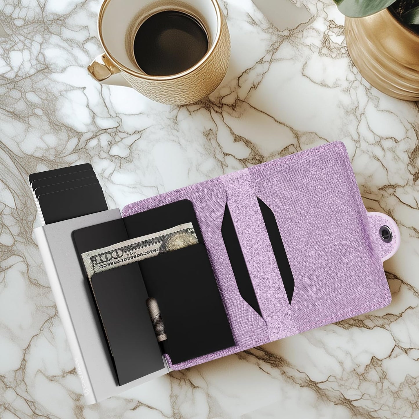 HOTConceal Plus RFID Wallet Women - Light Pink Saffiano Credit Card Holder | Slim Aluminum Women's Wallet Blocks Scanning at 13.56MHz, Holds 4-6 cards with One-Touch Access, Fits Small Purse or Pocket