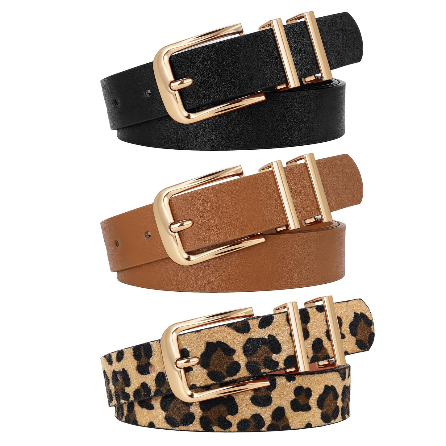 HOTWERFORU 3 PACK Women Belt Women Fashion Leather Belts for Jeans Pants Ladies Belts with Gold Buckle