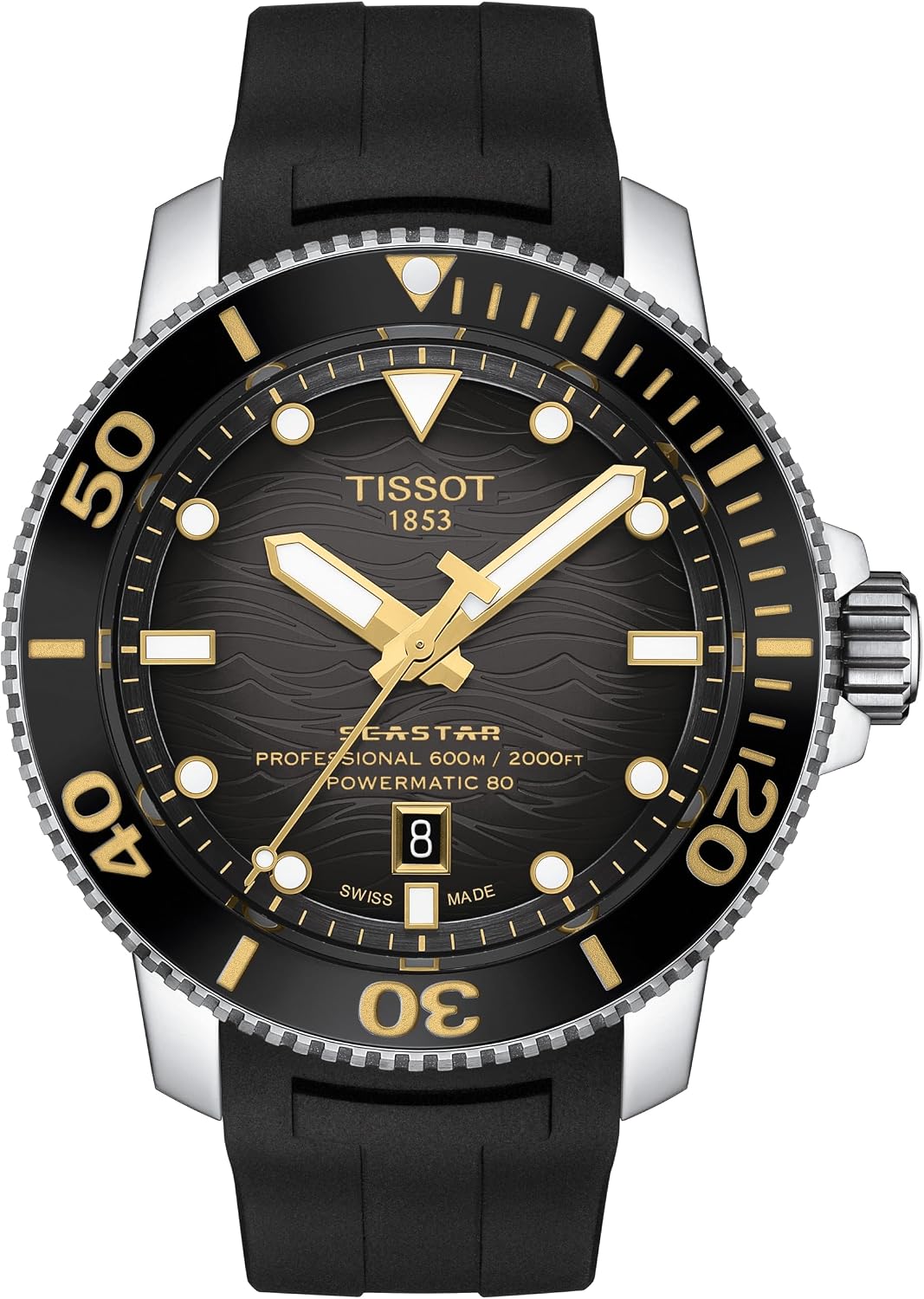 HOTTissot Mens Tissot Seastar 2000 Professional Powermatic 80 316L Stainless Steel case Automatic Watch, Black, Rubber, 22 (T1206071744101)