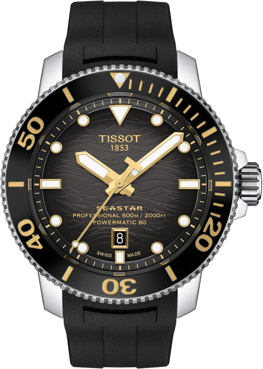 HOTTissot Mens Tissot Seastar 2000 Professional Powermatic 80 316L Stainless Steel case Automatic Watch, Black, Rubber, 22 (T1206071744101)