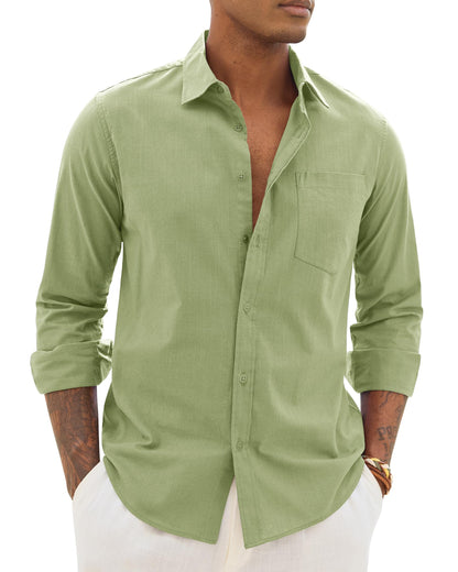 HOTAlimens & Gentle Mens Cotton Linen Textured Shirt Long Sleeve Button Down Shirts Casual Summer Beach Wedding Tops with Pocket