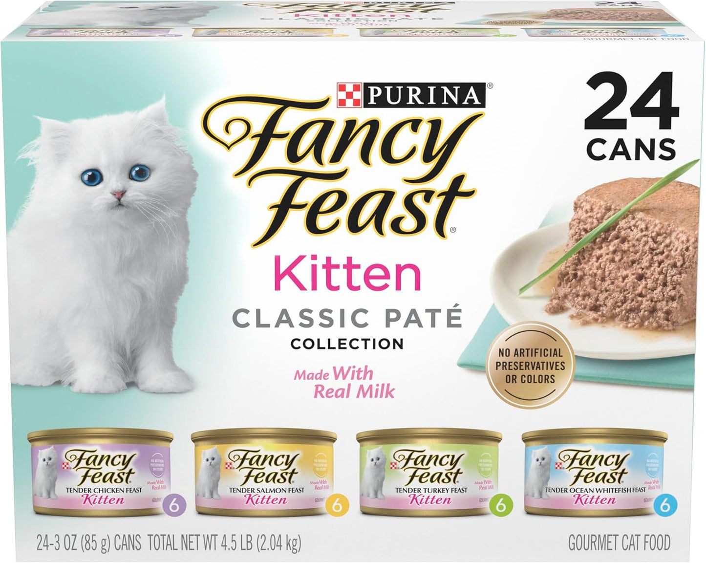HOTPurina Fancy Feast Tender Ocean Whitefish, Turkey, Chicken and Salmon Feasts Wet Kitten Food Variety Pack - (Pack of 24) 3 oz. Boxes