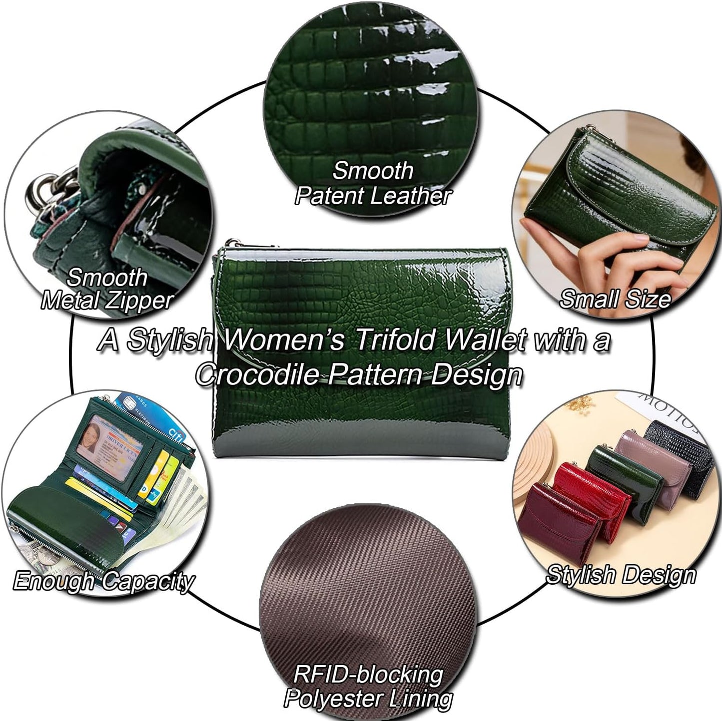 HOTWomen's Crocodile Embossed Patent Leather Wallet, RFID Blocking Card Holder, Ladies Small Trifold Wallet, Compact Purse with 10 Card Slots/ID Window/Zipper Coin Pocket - Green
