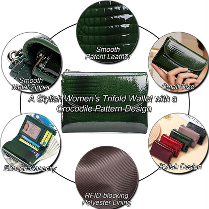 HOTWomen's Crocodile Embossed Patent Leather Wallet, RFID Blocking Card Holder, Ladies Small Trifold Wallet, Compact Purse with 10 Card Slots/ID Window/Zipper Coin Pocket - Green