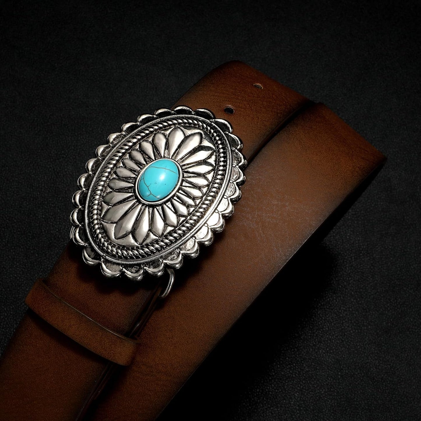 HOTXZQTIVE Women Western Leather Belt Vintage Country Belts For Cowgirl Jeans Dresses Ladies Concho Belt With Turquoise Buckle