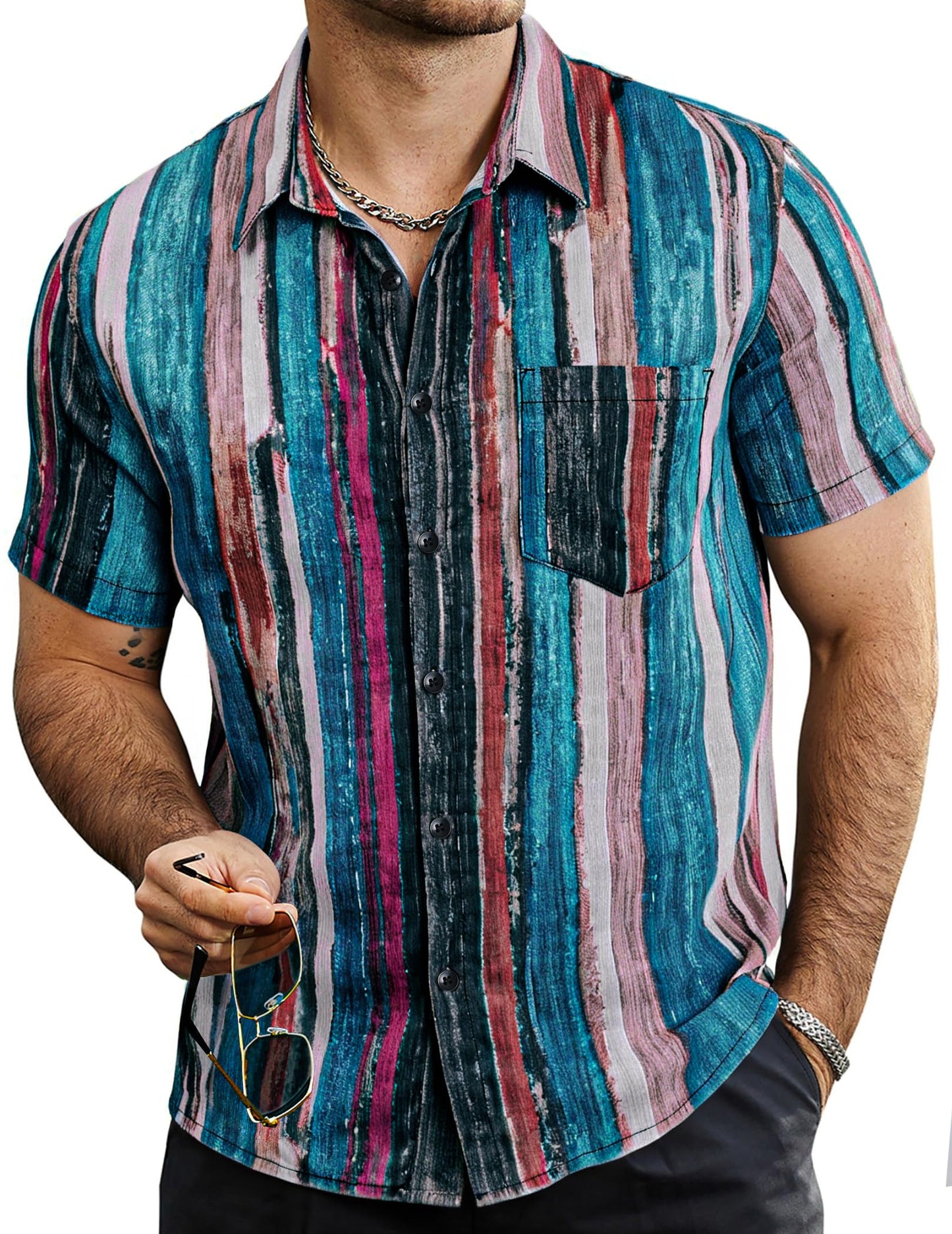 HOTVATPAVE Mens Summer Striped Shirts Button Down Short Sleeve Vintage Beach Hawaiian Shirts with Pocket