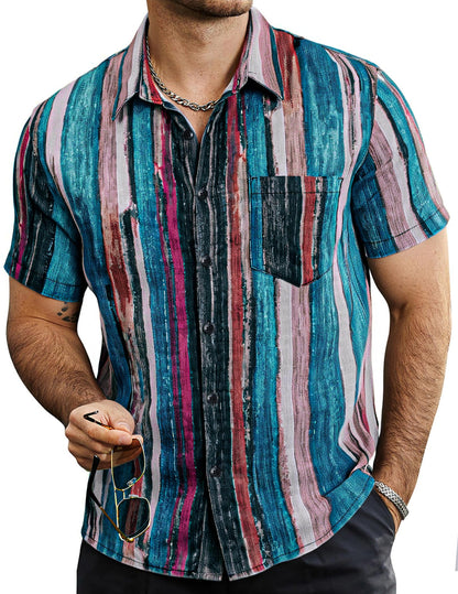 HOTVATPAVE Mens Summer Striped Shirts Button Down Short Sleeve Vintage Beach Hawaiian Shirts with Pocket