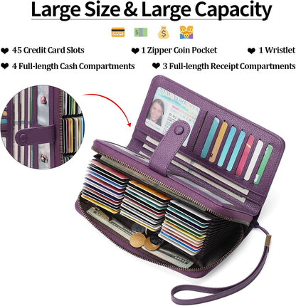 HOTGAEKEAO Leather Credit Card Holder Wallet for Women RFID Blocking Large Capacity Bifold Zipper Card Case Organizer with Wristlet 45 Slots