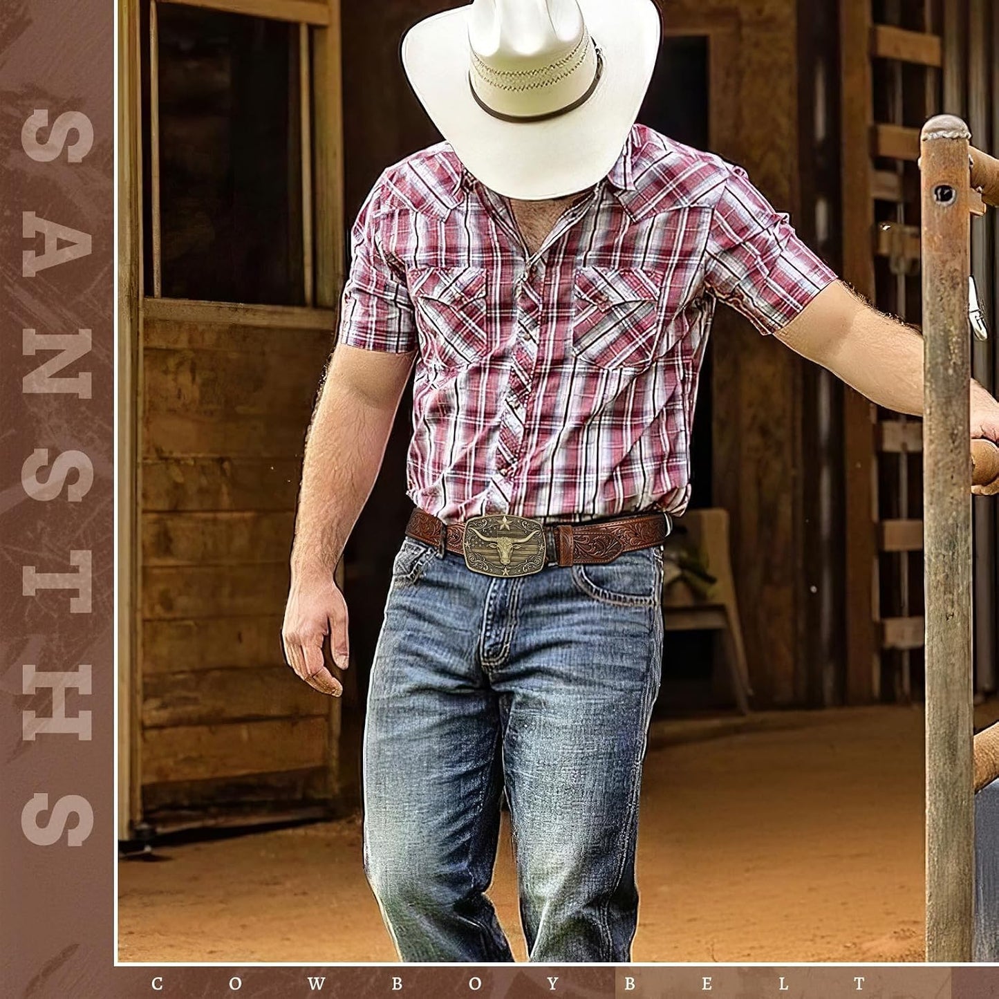 HOTSANSTHS Western Cowboy Belts for Men Women, Mens Western Belt Bull Buckle Country Belt Cowboy Leather Belt for Jeans