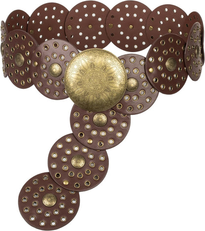 HOTWide Vintage PU-Leather Western-Disc-Concho-Belt Women Boho Cowgirl-Belt