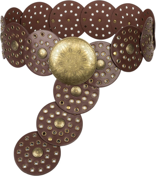 HOTWide Vintage PU-Leather Western-Disc-Concho-Belt Women Boho Cowgirl-Belt