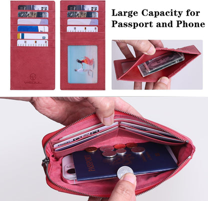 HOTVISOUL Long Zipper Cash Wallet for Women with Removable Credit Card Holder, Soft Genuine Leather Clutch Wallet-Light Red