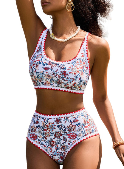 HOTHerseas Women's Bikini Sets Floral Print Whip Stitch 2 Piece Swimsuits High Waisted Scoop Bathing Suits