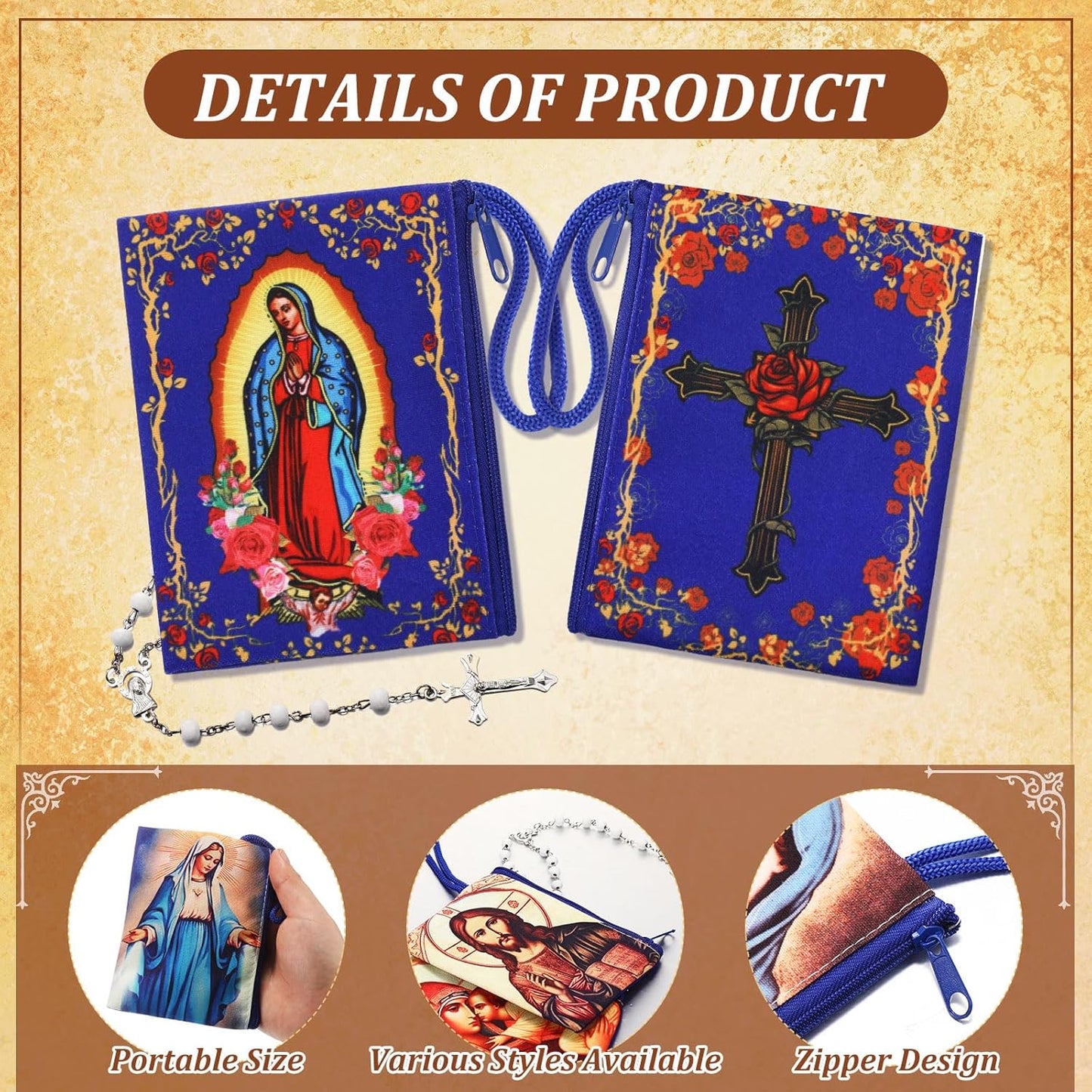 HOTRemuuly 12 Sets Catholic Rosary Pouch with Wood Catholic Rope Rosary 4.9'' x 3.5'' Coin Purse Holder Bag with Zipper for Prayer Storage Small Religious Keepsake Gift First Communion Baptism Gift