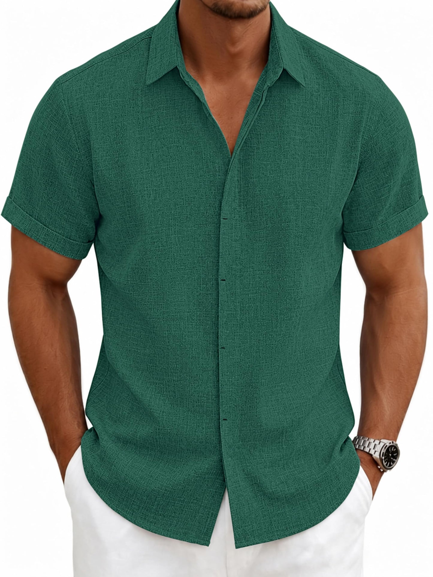 HOTMens Linen Shirts Short Sleeve Casual Shirt Button Down Summer Beach Vacation Tops Men Casual Dress Shirts Breathable