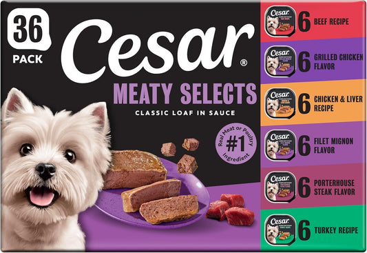 HOTCesar Wet Dog Food Classic Loaf in Sauce Grilled Chicken, Filet Mignon, Porterhouse Steak, Beef, Chicken & Liver and Turkey Variety Pack 3.5 oz. Easy Peel Trays (36 Count, Pack of 1) | Made in USA, Real meat #1 ingredient, no fillers or artificial flav