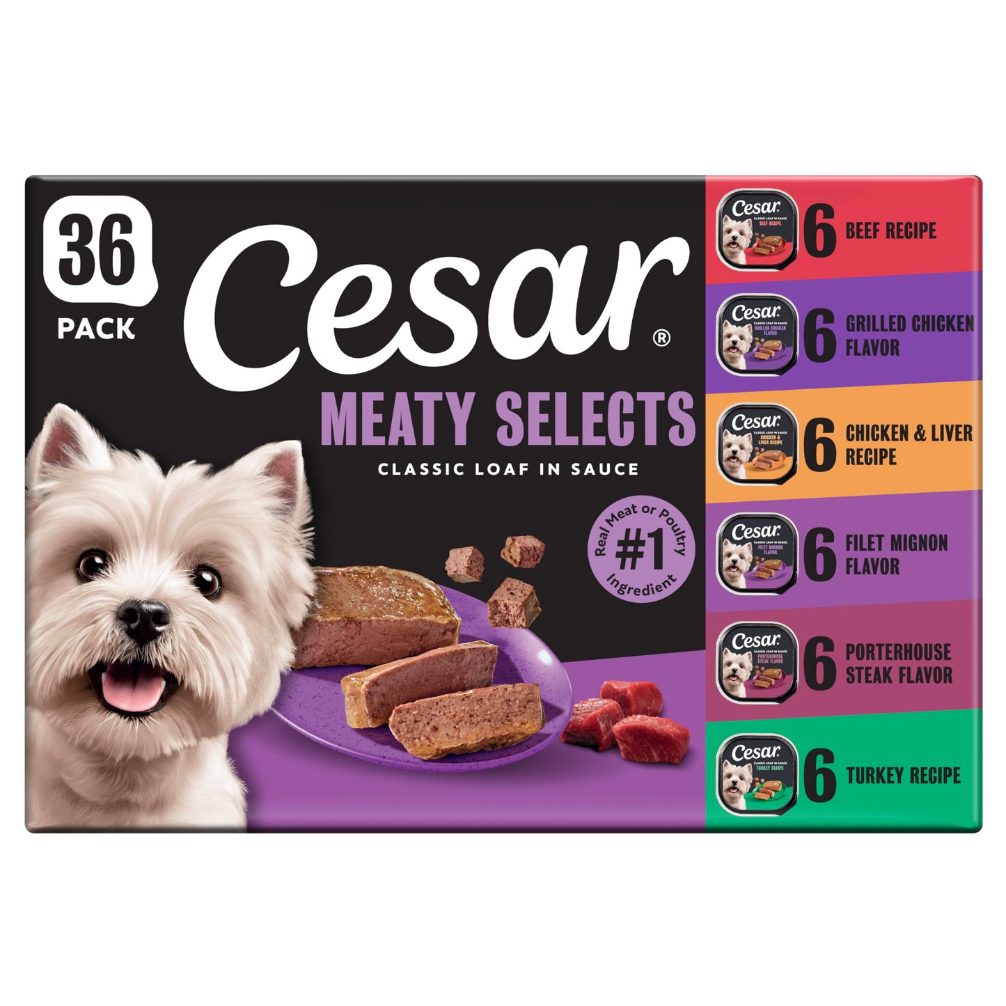 HOTCesar Classic Loaf in Sauce Wet Dog Food, Meaty Selects, 3.5 oz, 24 Count | Made in USA, Real beef or chicken #1 ingredient, no fillers or artificial flavors, slow-cooked, easy peel trays