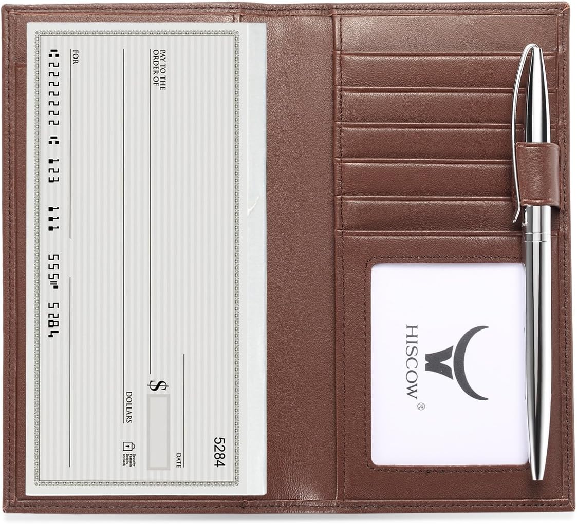 HOTHISCOW Leather Checkbook Cover with Card Slots & Pen Holder, Brown | Full grain cowhide, 5cc & ID window, personal check book & register pockets, removable duplicate divider, gifts for women men