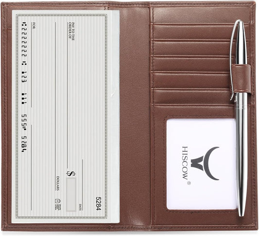 HOTHISCOW Leather Checkbook Cover with Card Slots & Pen Holder, Brown | Full grain cowhide, 5cc & ID window, personal check book & register pockets, removable duplicate divider, gifts for women men