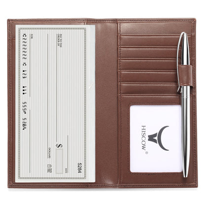 HOTHISCOW Leather Checkbook Cover with Card Slots & Pen Holder, Brown | Full grain cowhide, 5cc & ID window, personal check book & register pockets, removable duplicate divider, gifts for women men