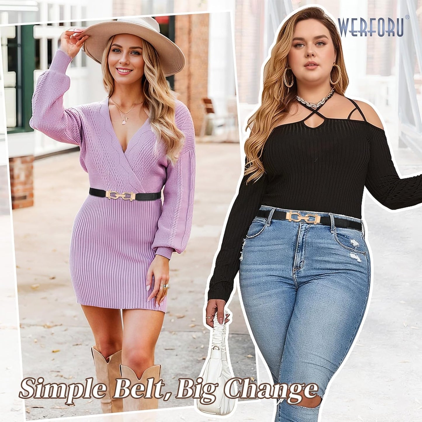 HOTWERFORU 4 Pack Women Skinny Elastic Waist Belt Gold Buckle Stretchy Thin Belt for Jeans Dress