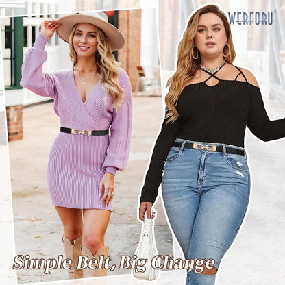 HOTWERFORU 4 Pack Women Skinny Elastic Waist Belt Gold Buckle Stretchy Thin Belt for Jeans Dress